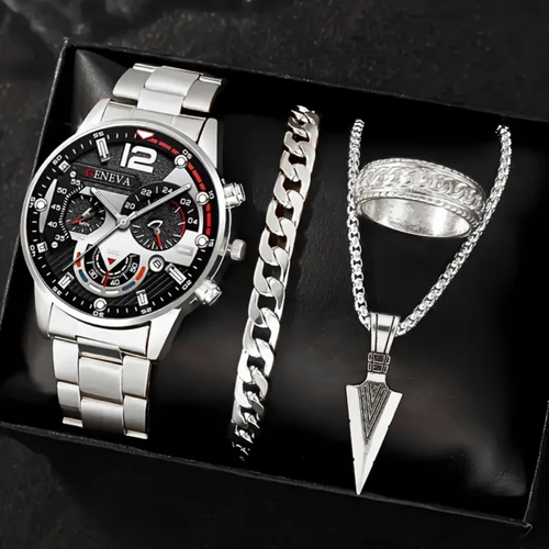 Silver Watch Set (Watch + Bracelet + Necklace + Ring) – Glass Quartz Stainless Steel Strap Wristwatch