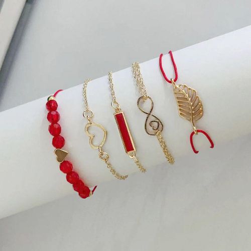 New Style Red Women's Diamond-Accented Dial Leather Strap Quartz Watch & Beaded Bracelet Set (6-Piece Total)