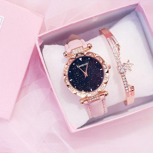 Women's Pink Starry Sky Watch & Bracelet Gift Set – Fashionable Trendy Style