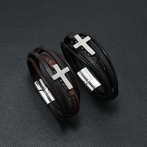 Men's Minimalist Stainless Steel Multi-layer Leather Cord Braided Bracelet - Versatile Leather Wristband