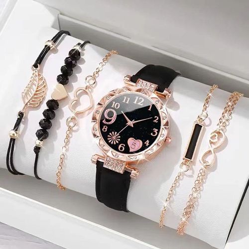 New Style Red Women's Diamond-Accented Dial Leather Strap Quartz Watch & Beaded Bracelet Set (6-Piece Total)