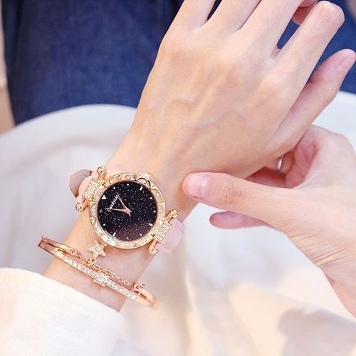 Women's Pink Starry Sky Watch & Bracelet Gift Set – Fashionable Trendy Style