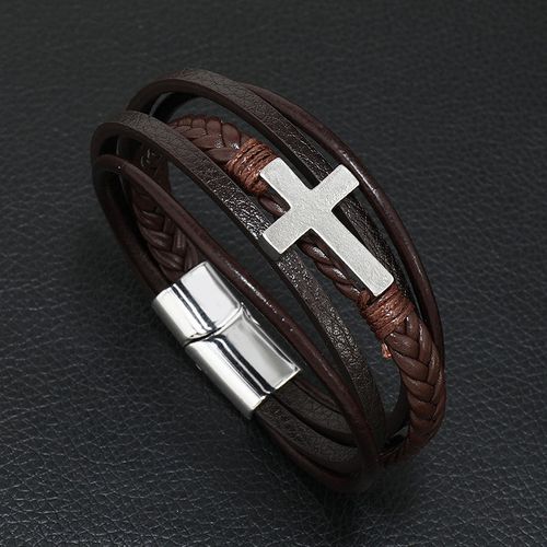 Men's Minimalist Stainless Steel Multi-layer Leather Cord Braided Bracelet - Versatile Leather Wristband