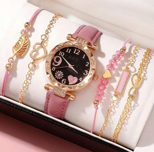 New Style Red Women's Diamond-Accented Dial Leather Strap Quartz Watch & Beaded Bracelet Set (6-Piece Total)