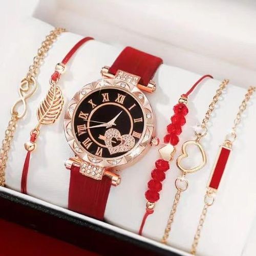 New Style Red Women's Diamond-Accented Dial Leather Strap Quartz Watch & Beaded Bracelet Set (6-Piece Total)