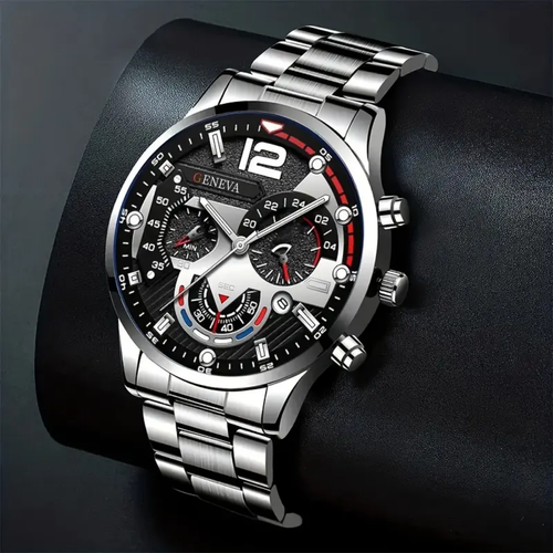 Silver Watch Set (Watch + Bracelet + Necklace + Ring) – Glass Quartz Stainless Steel Strap Wristwatch