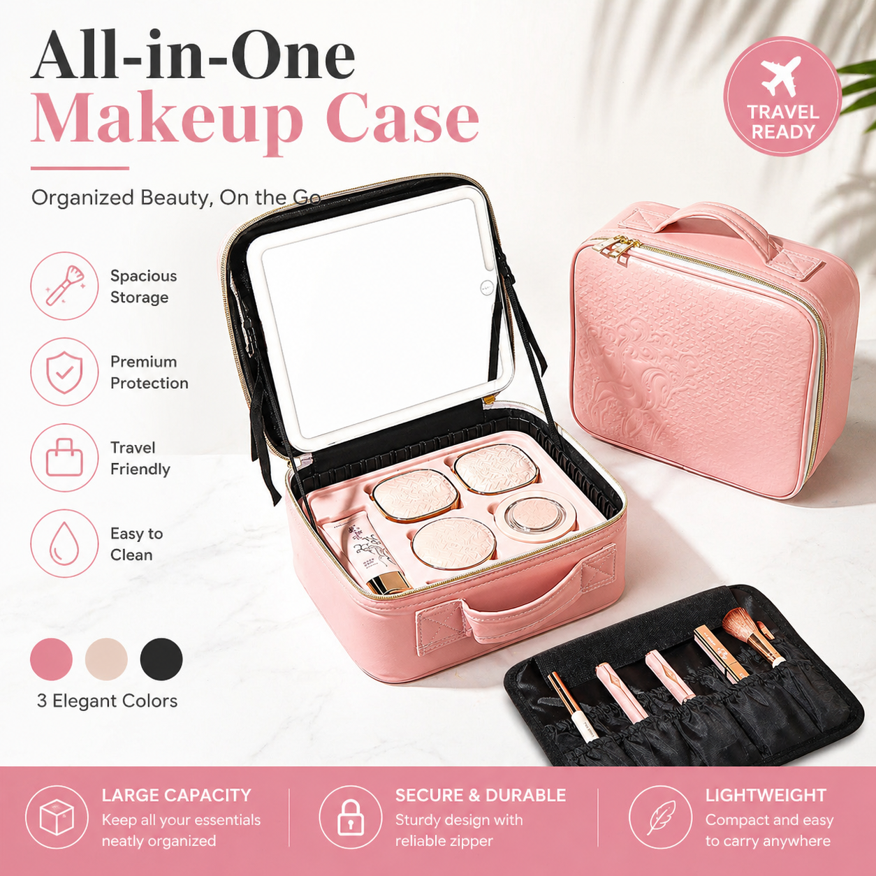 All-in-One Makeup Case with Mirror – Large Capacity Travel Cosmetic Organizer Bag