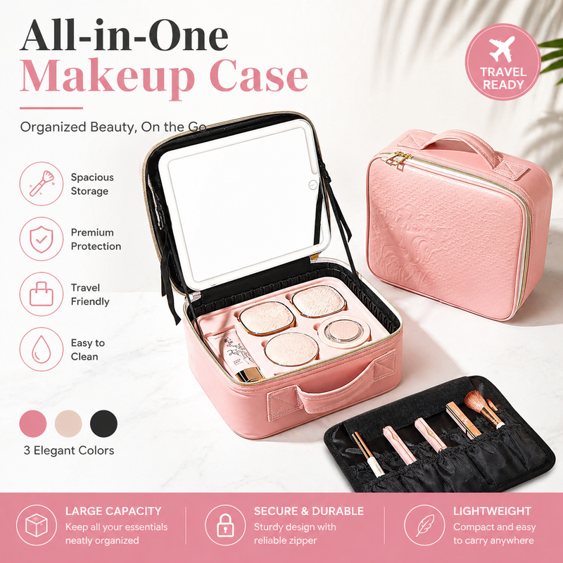 All-in-One Makeup Case with Mirror – Large Capacity Travel Cosmetic Organizer Bag