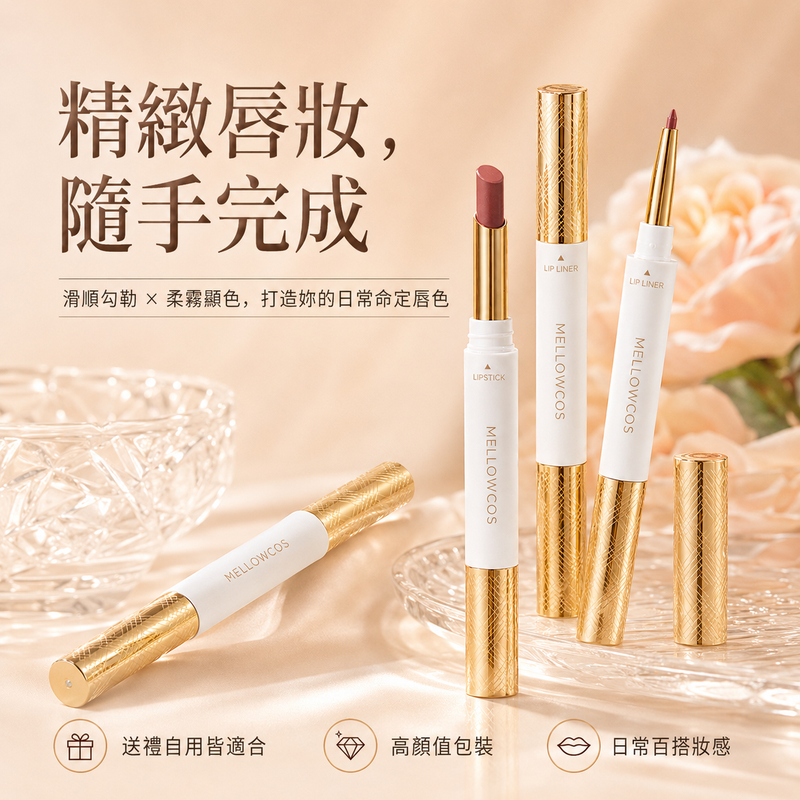 雙頭唇線口紅｜柔霧顯色不易沾杯唇膏筆