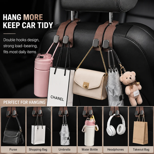 Car Seat Purse Hooks – Leather Headrest Bag Hanger Hooks | 4Pcs