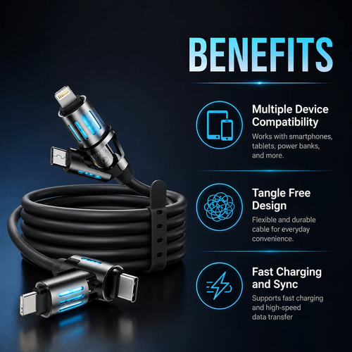 4-in-1 Multi USB (240W) Ultra Universal Charging Cable|Size:1m,Blcak,Buy1 Free 3