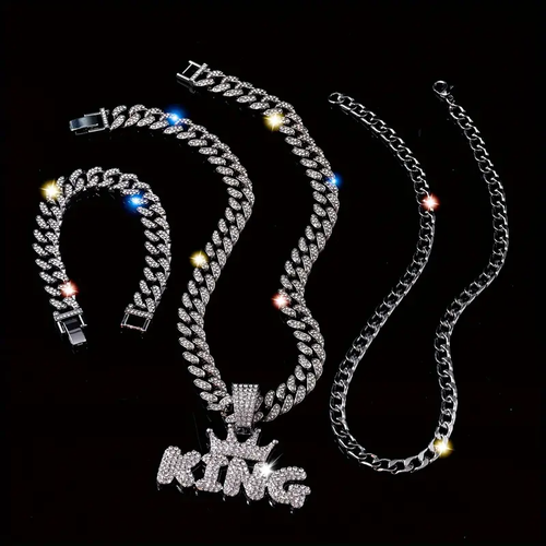 Punk Hip Hop Crown Letter KING Pendant Cuban Chain Necklace Bracelet (3 Pcs)
