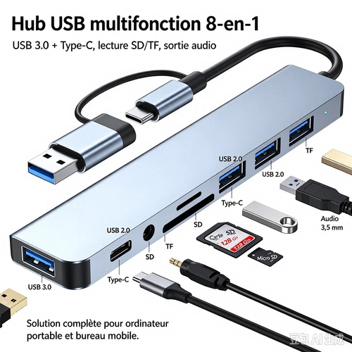 1 8-In-1 USB C Hub with Audio Jack | Compatible with Tablets, USB Powered, 5V Operating Voltage