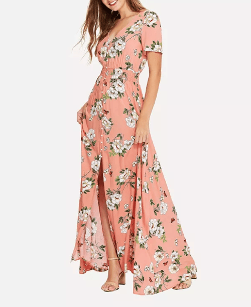 Casual Floral Buttoned Urban Elegant Woman Maxi Beach Dress