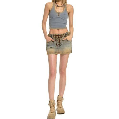 Retro Washed Blue Denim Mini Women Fashion High-Waist Ankle-Belt A-Line Skirt