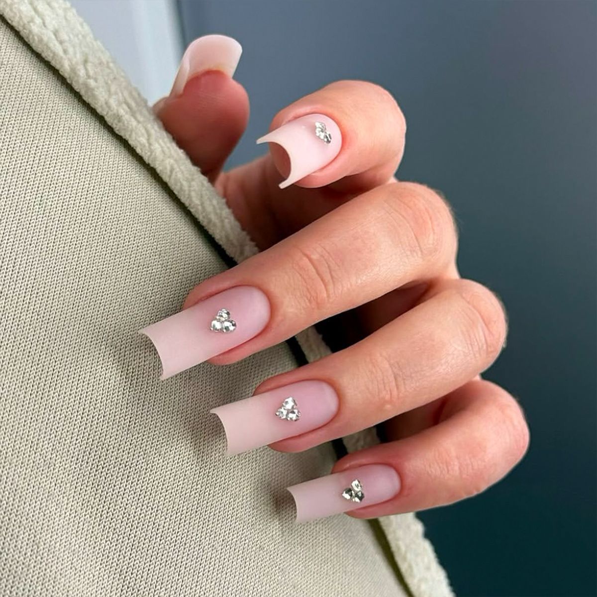 Long square water pipe nails pink gradient milky white piled diamond wearable nails detachable false nail patches