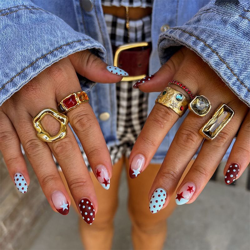 Almond nail French edge red polka dot five-pointed star nail art short wearable nails