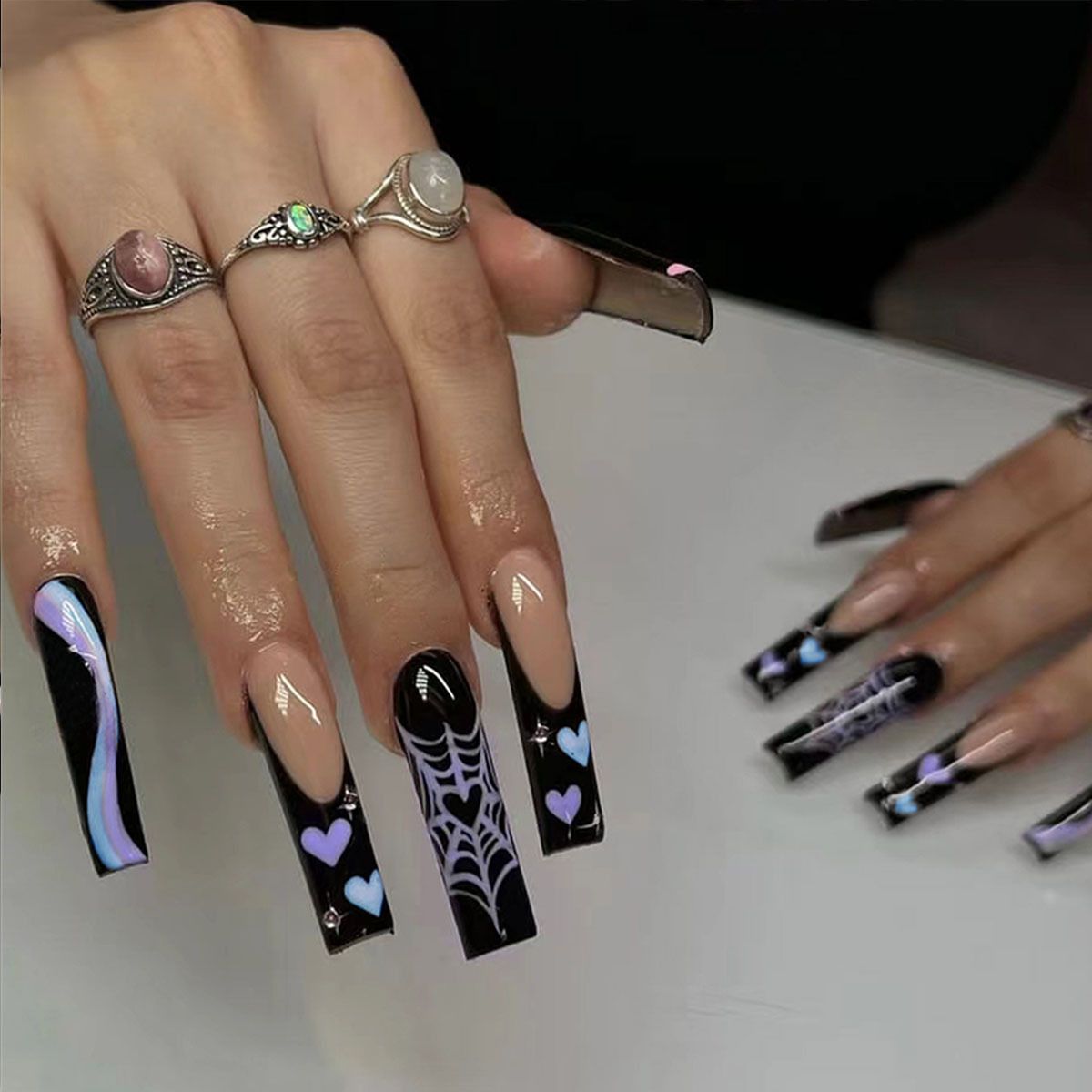Dark spider web rainbow heart nail art nail tips wearable false nails