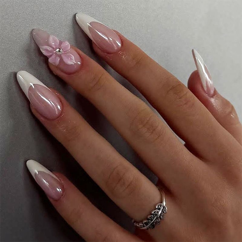 Simple style nail wear white French edge rhinestone flower cute simple nail art nail tips detachable false nails