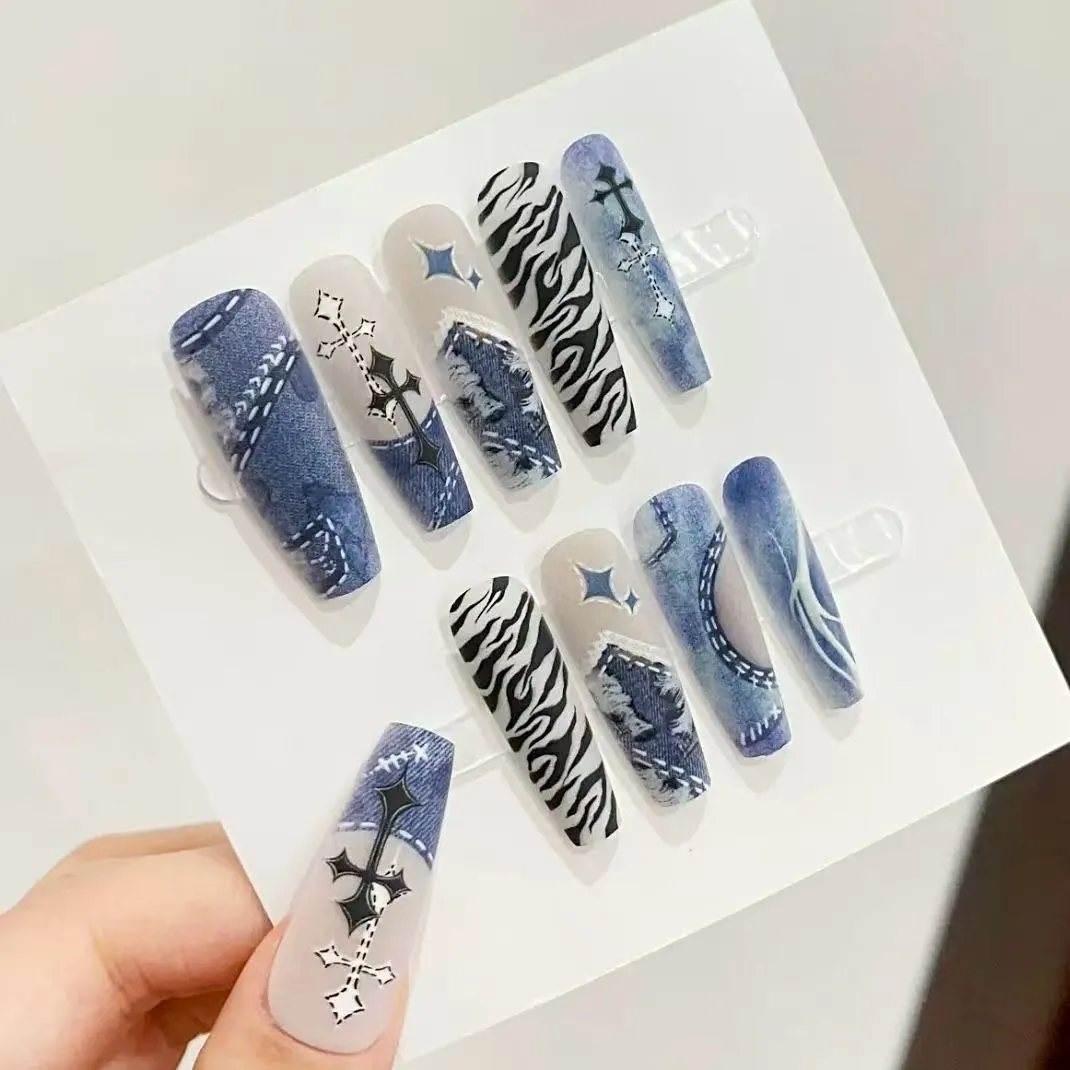 Sandblasted new denim style, niche creative design, high-end long detachable nail piece