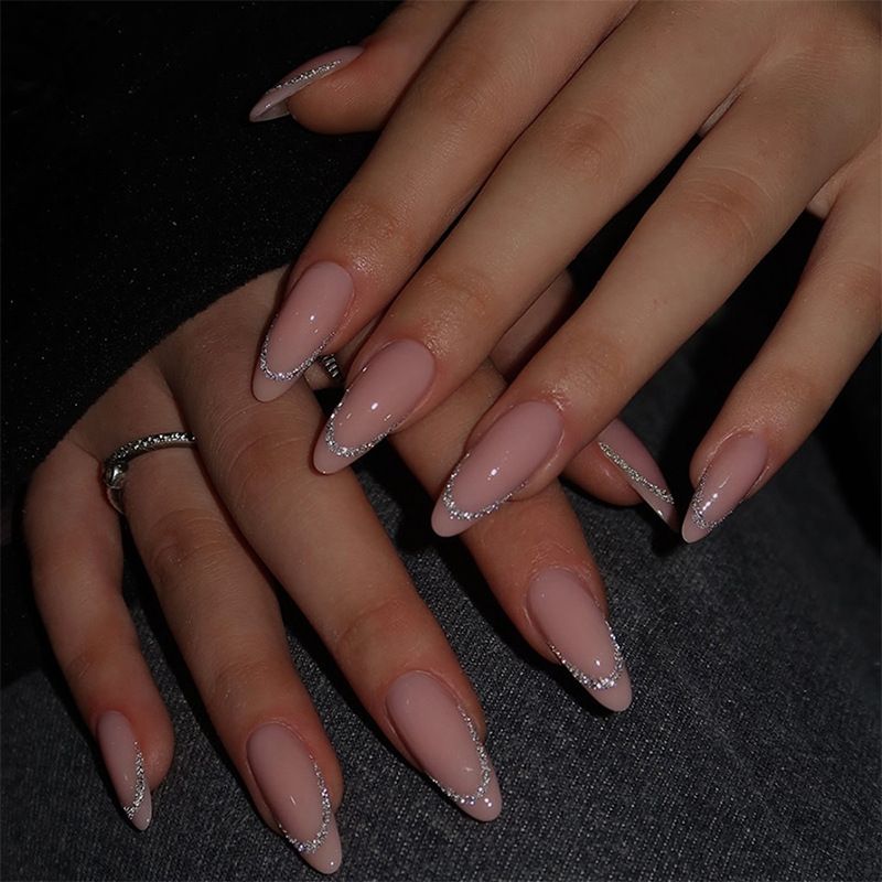 Wearable nail tips 24 pieces of almond pure color glitter French false nails