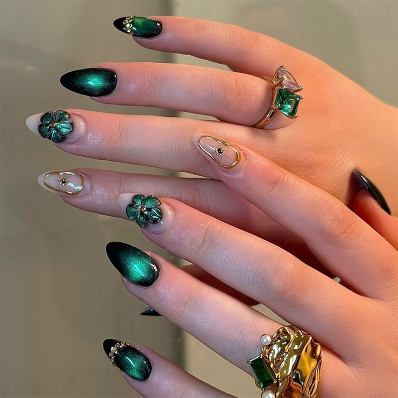 Cat eye wear nails almond shape dark green irregular lines nail art stickers high-end false nails