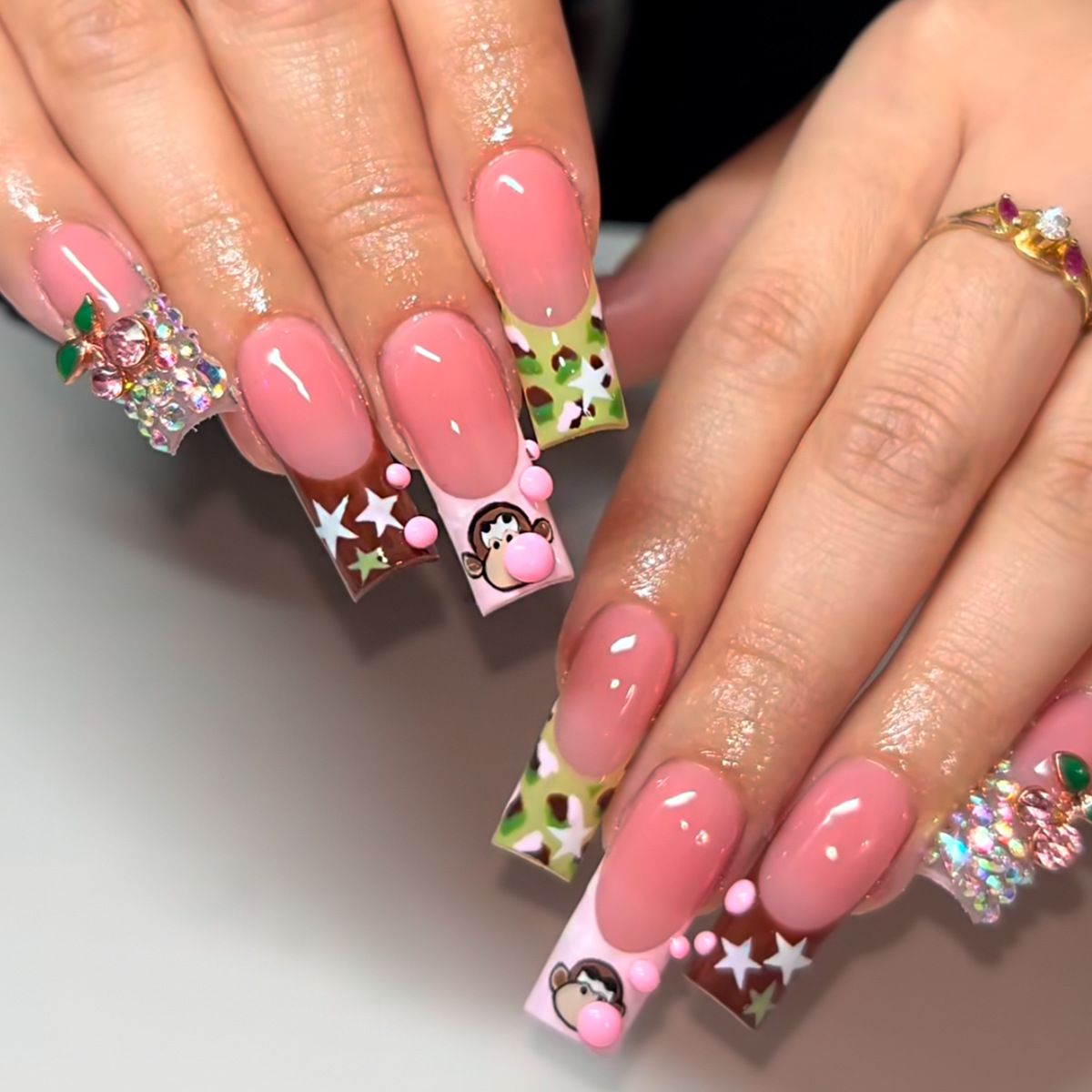 False nails cartoon monkey star burst diamond cherry long water pipe detachable wearable nails