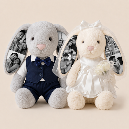 Custom Hidden Photo Wedding Bunny Plush – Personalized Bride & Groom Gift for Couples