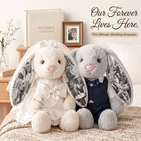 Custom Hidden Photo Wedding Bunny Plush – Personalized Bride & Groom Gift for Couples