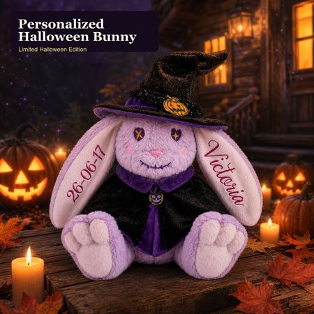 Lumi Halloween Bunny™ Personalized Handmade Keepsake Bunny with Removable Witch Hat & Cape