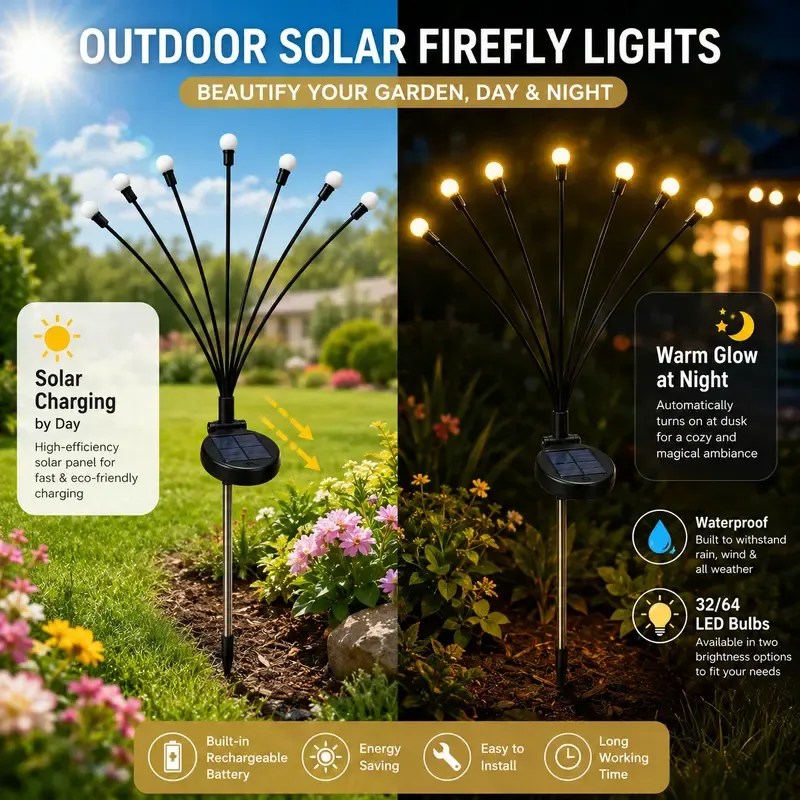 Outdoor Solar Firefly LED Lights - 4 Pack Waterproof Garden Stake Decorative Lamps with Auto Dusk-to-Dawn Glow, 32 LEDs for Curb Appeal, Whimsy Decor, Mood Lighting & LED Pathway Lighting,dorm essentials,home decor,home essentials,camping essentials