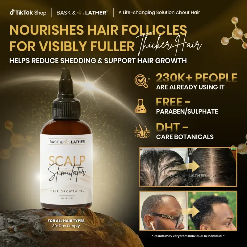 BASK AND LATHER Scalp Stimulator Hair Growth Oil - Lightweight Rosemary & Mint Blend for Thicker, Fuller Hair, Alopecia Support & Hair Regrowth