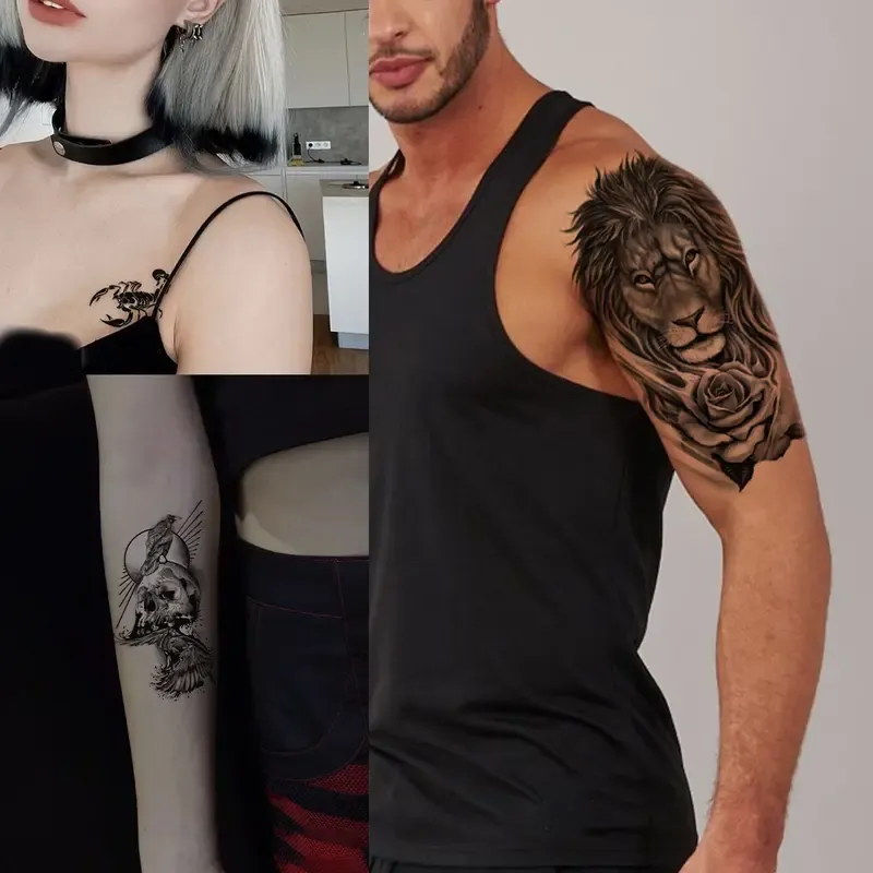 36 Sheets Black Arm Tattoos for Men Women Half Sleeve Animals Lion Tiger Wolf Death Skull Compass Flower Butterflies Fake Tattoos That Look Real Durable for Teens