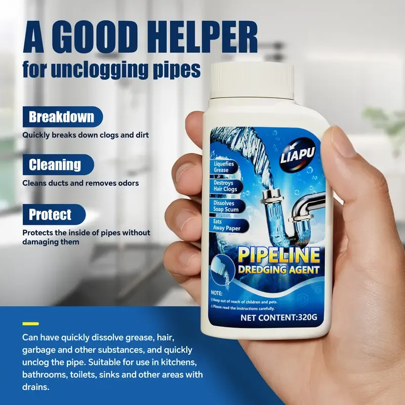 Powerful Powder Drain Unclogger Cleaner - Anti-Clogging Deodorizing, Anti-Bacterial Drain Opener, Dissolves 200 Clogs, Kills 99% Bacteria, Odour Control, Unscented, 1 Pc for Kitchen & Bathroom Pipes,dorm essentials,home essentials