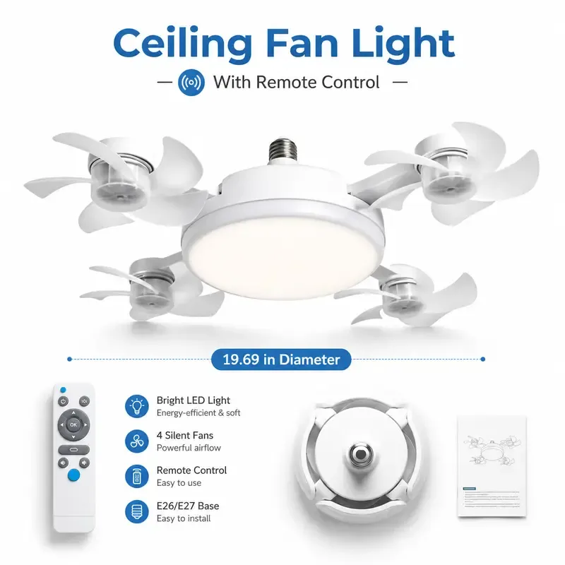 Ceiling Fan Light with Remote Control, 19.69 Inch Screw in LED Fan Light, Foldable Ceiling Fan with 4 Fan Heads, Quiet Airflow & Bright Lighting, Easy Installation for Bedroom, Living Room, Kitchen, Office, Dorm, Small Room Use