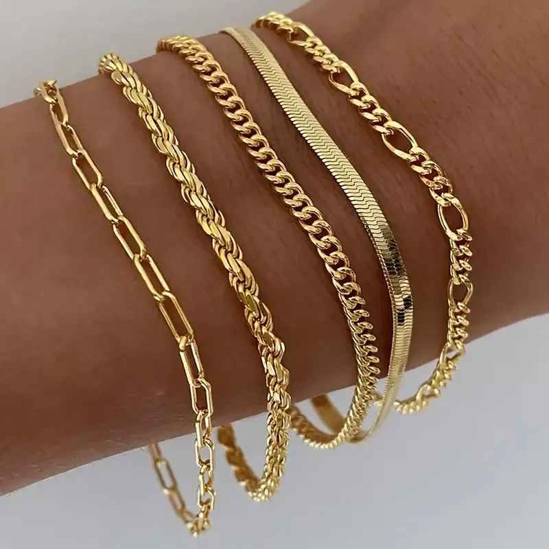 Tewiky 14K Gold Plated Waterproof Bracelets for Women Jewelry Sets Trendy Thin Dainty Stackable Cuban Link Paperclip Chain Bracelet Pack Fashion Accessories Gifts Maximalist Jewelry