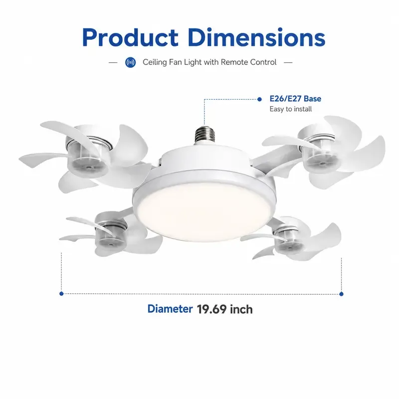 Ceiling Fan Light with Remote Control, 19.69 Inch Screw in LED Fan Light, Foldable Ceiling Fan with 4 Fan Heads, Quiet Airflow & Bright Lighting, Easy Installation for Bedroom, Living Room, Kitchen, Office, Dorm, Small Room Use