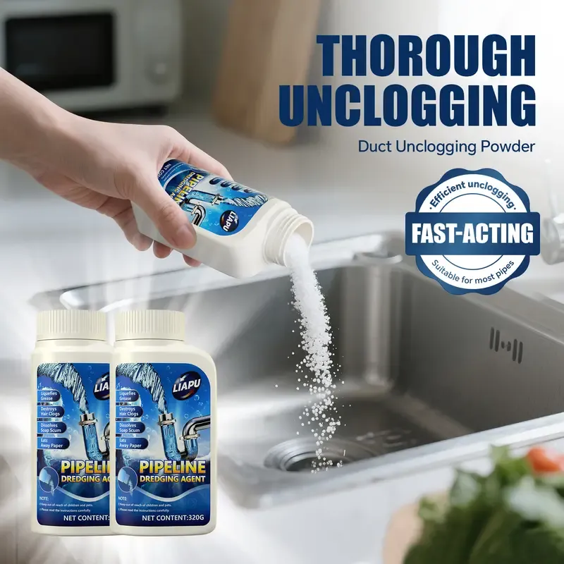 Powerful Powder Drain Unclogger Cleaner - Anti-Clogging Deodorizing, Anti-Bacterial Drain Opener, Dissolves 200 Clogs, Kills 99% Bacteria, Odour Control, Unscented, 1 Pc for Kitchen & Bathroom Pipes,dorm essentials,home essentials