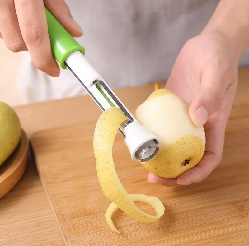 2-in-1 Dual Function Kitchen Utensil, Stainless Steel Handheld Fruit Peeler & Apple Corer with Comfort Grip for Potatoes, Apples, Avocados, and Everyday Prep