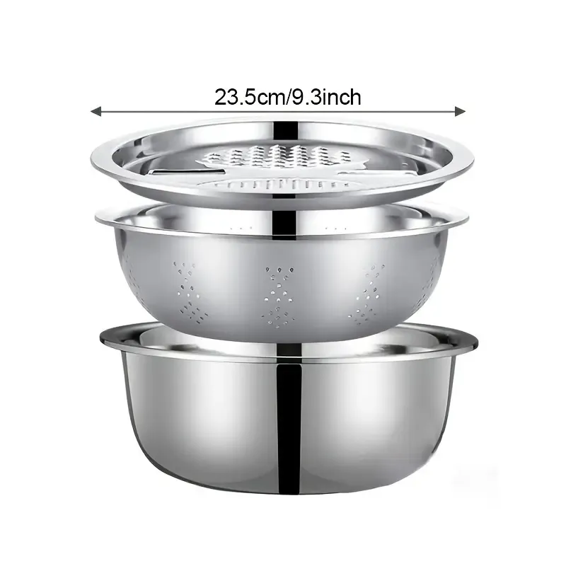 Stainless Steel Camp Kitchen Cooking Utensils Set - Integrated Grinder, Multi-Purpose Kitchen Colander, Drainage System Mixing Bowl, Food-Safe for Cleaning, Slicing Fruits&Vegetables&Cheese, Camping & Home Use, Household Kitchen Supplies, Camping Enthusia