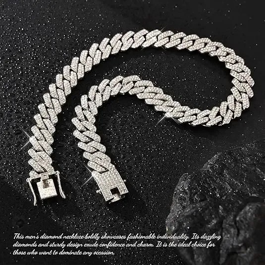 Iced Out Cuban Link Chain for Men, Silver Plated Hip Hop Diamonds Necklace - Streetwear Jewelry, Cool Gifts for Guys, Men's Accessories, Accessories Adults