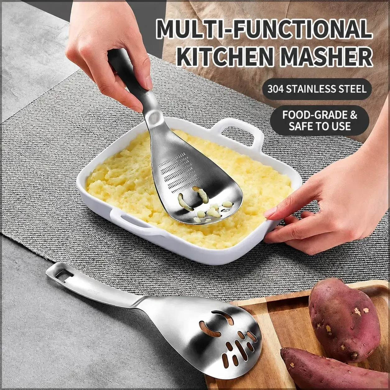 304 Stainless Steel Filter Mesh, Multi-Functional Spoon, Baby Food Masher, Cooking Garlic Grinder, Strainer Ladle, Strainer Utensils