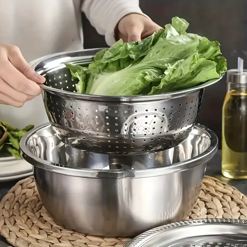 Stainless Steel Camp Kitchen Cooking Utensils Set - Integrated Grinder, Multi-Purpose Kitchen Colander, Drainage System Mixing Bowl, Food-Safe for Cleaning, Slicing Fruits&Vegetables&Cheese, Camping & Home Use, Household Kitchen Supplies, Camping Enthusia
