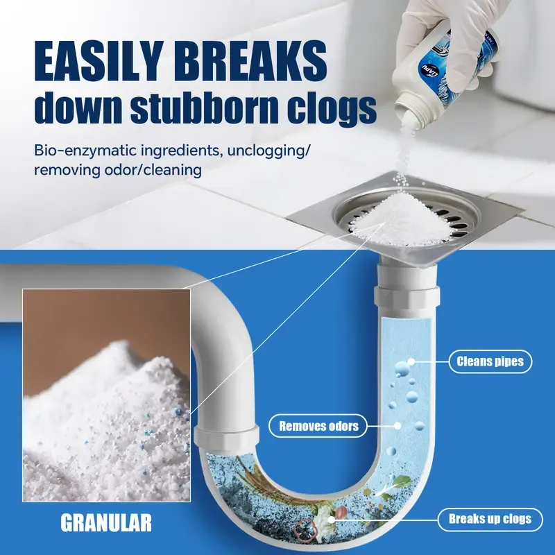 Powerful Powder Drain Unclogger Cleaner - Anti-Clogging Deodorizing, Anti-Bacterial Drain Opener, Dissolves 200 Clogs, Kills 99% Bacteria, Odour Control, Unscented, 1 Pc for Kitchen & Bathroom Pipes,dorm essentials,home essentials