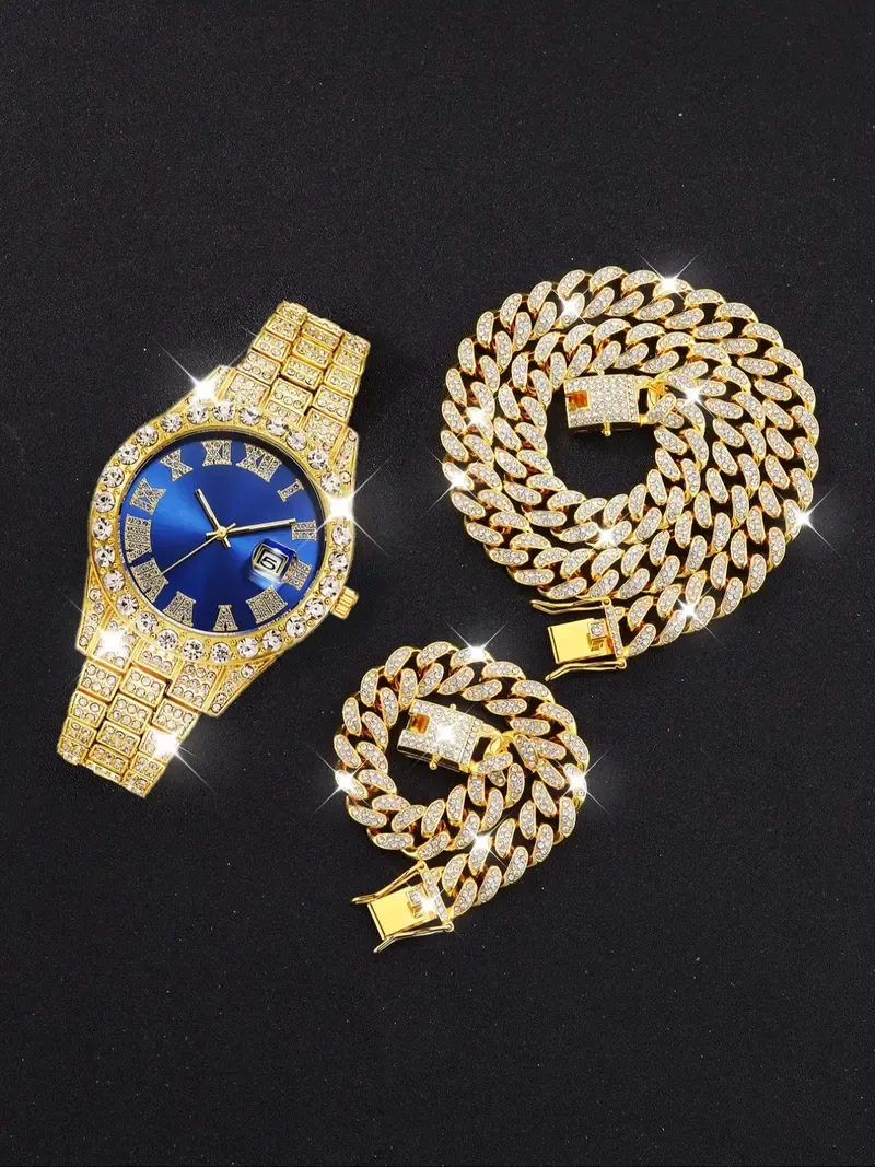 Men's Luxury Rhinestone Decorated Quartz Watch & Elegant Jewelry Set, Including Round Dial Watch & Bracelet & Necklace, Fashion Watch Set for Party, Daily Decor, Trendy Watch Set
