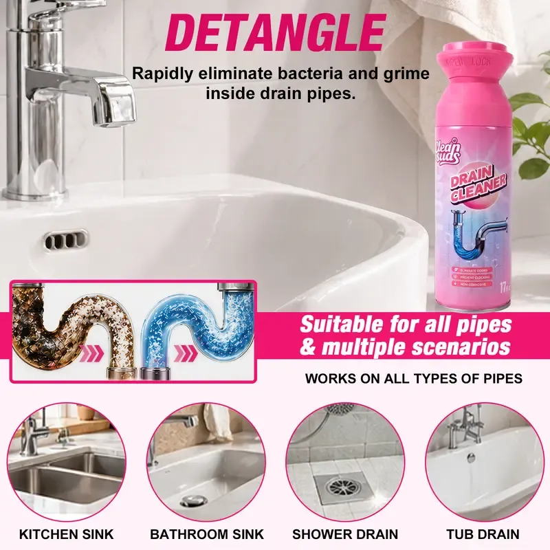 Foaming Drain Opener  Alcohol Free Mousse Foam, Scented Cleaning Products Unclogs Sinks, Kitchen Drains, Bathtubs, Odor Neutralizer, 24 Month Shelf Life, Household Cleaning Supplies