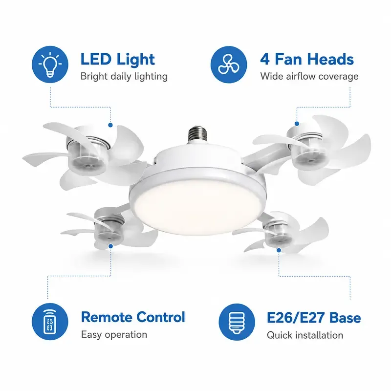 Ceiling Fan Light with Remote Control, 19.69 Inch Screw in LED Fan Light, Foldable Ceiling Fan with 4 Fan Heads, Quiet Airflow & Bright Lighting, Easy Installation for Bedroom, Living Room, Kitchen, Office, Dorm, Small Room Use