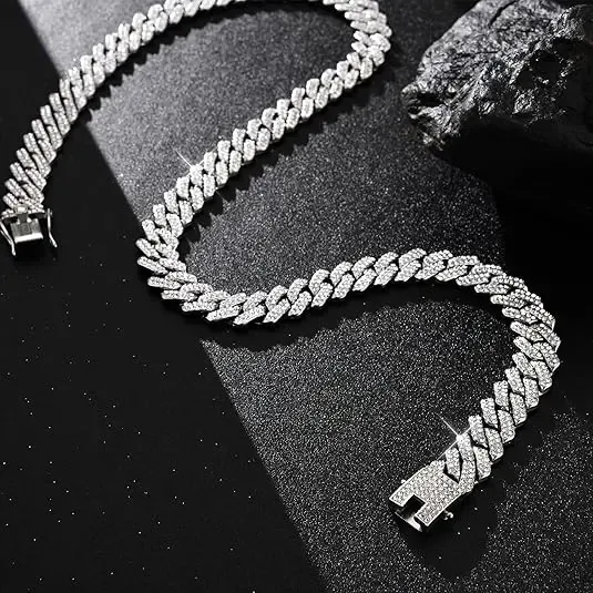Iced Out Cuban Link Chain for Men, Silver Plated Hip Hop Diamonds Necklace - Streetwear Jewelry, Cool Gifts for Guys, Men's Accessories, Accessories Adults