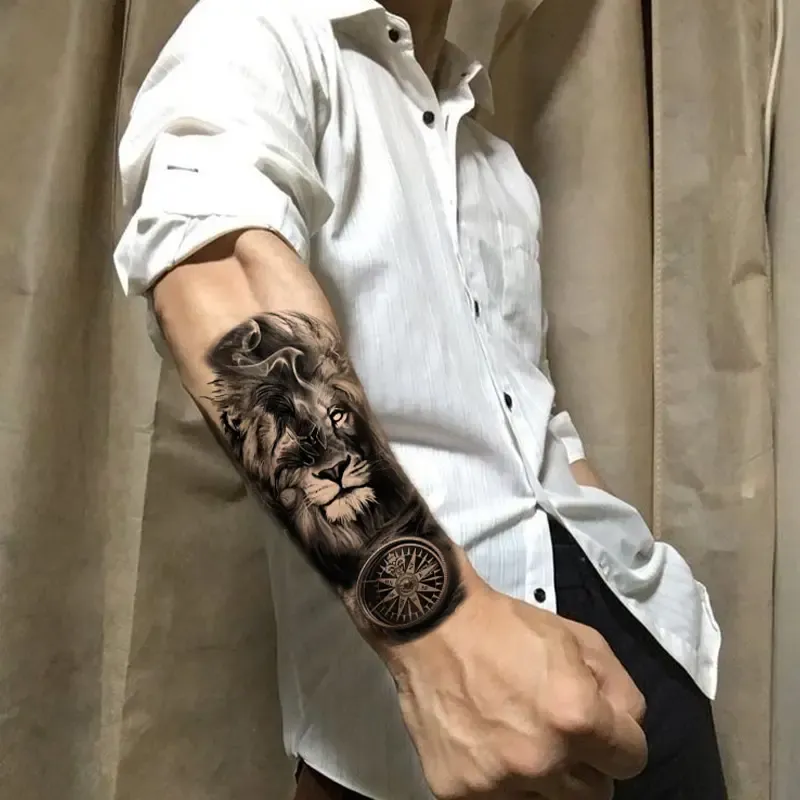 36 Sheets Black Arm Tattoos for Men Women Half Sleeve Animals Lion Tiger Wolf Death Skull Compass Flower Butterflies Fake Tattoos That Look Real Durable for Teens