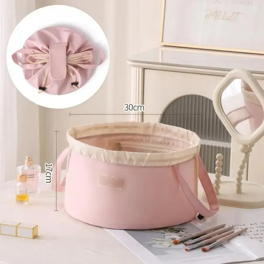 All in One Lazy Drawstring Makeup Bag for Beauty Girls Essential for Home Travel & Business Trips Portable Organized Waterproof Synthetic Material drawstring purse everyday makeup bag Cosmetic Pouch Large Capacity Spacious Premium Material